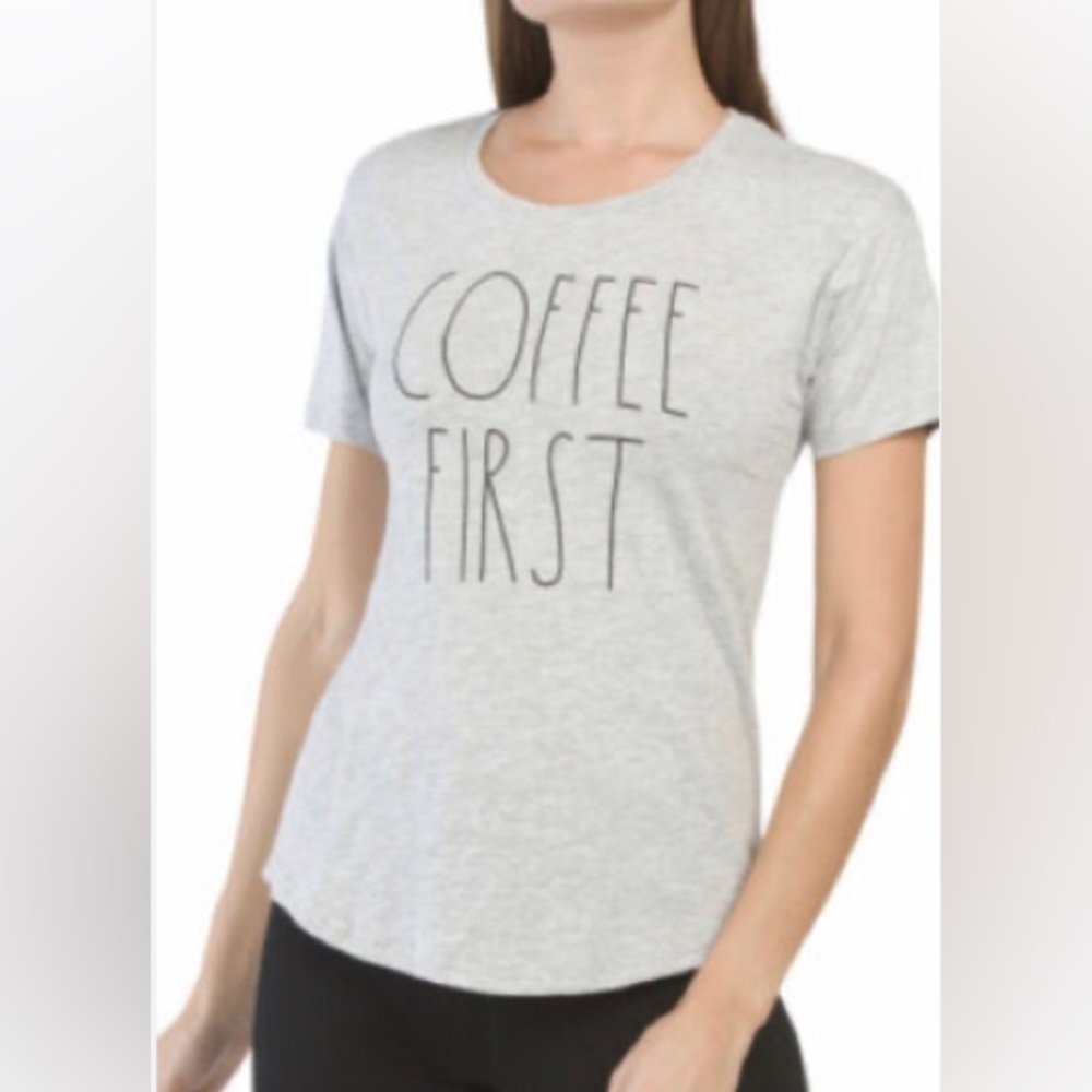 RAE DUNN Sz XL First Coffee Short SleeveT-Shirt Tee with Curved Hem